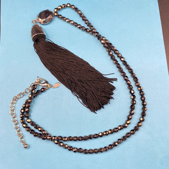CHICO"S Glass Beads Black Silk Tassel Long Statement Necklace 31"-35" - Picture 3 of 7